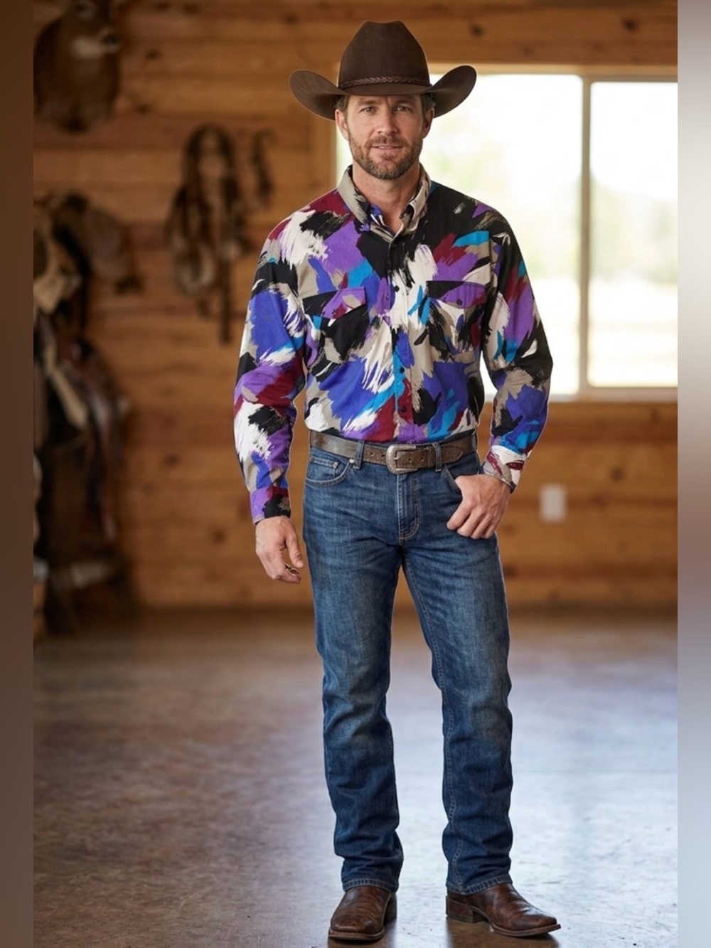 Vintage 90s Roper Western Abstract Brushstroke Button Up Shirt Mens Size XL